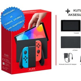 Resim Hepta Collection Switch Oled 64 Gb Aksesuarlı Konsol - Kırmızı/mavi - Türkiye Uyumlu Şarj Adaptörlü 