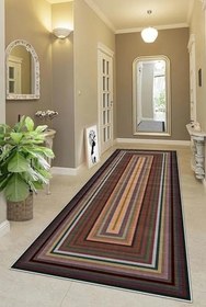 Resim Pelangi Renk Bloklu Kilim Desenli Etnik Dijital Baskı Yıkanabilir Modern Salon Halı ve Yolluk, Kahverengi 80 x 600, 9554613806007 