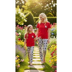 Resim NiCe İç Giyim Hello Kitty Lisanslı Anne & Kız Kombin Pijama Takım Kırmızı & Gri Bisiklet Yaka %100 Pamuk Penye ( Ayrı Satılır ) Anneler Günü 