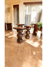 Resim Ahşap Mantar Sehpa Takımı 3 Lü Açık Ceviz Renk Yan Sehpa Seti Açık Ceviz 