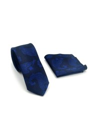 Resim Gaffy Lacivert Şal Desenli Dokuma Kumaş Mendilli Slim Fit Kravat // Sdk-2603-2 Lacivert 