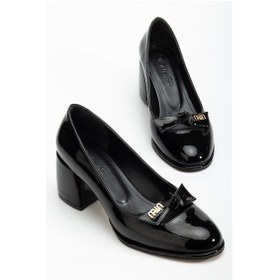 Resim Büyük Beden Kadın Kalın Topuklu Ayakkabı Siyah Rugan Fiyonklu Yuvarlak Burun-4300 Siyah 