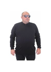Resim Mocgrande Erkek Büyük Beden Polo Yaka Fermuarlı Triko Kazak 23701 Sıyah-Sıyah Siyah 