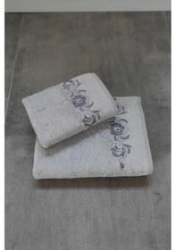 Resim 2'li Nakışlı & Bambu Banyo Havlu Seti - Çiçek Nakışlı Gri 