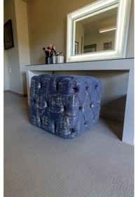 Resim Küp Puf - Best İthal Kadife Babyface Kumaş Varak Baskı - Modern Ve Şık Dekoratif Puf&bench Lacivert 