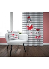 Resim Gri Şeritli Balerin Kız Çocuk Oda Tek Kanat Fon Perde 