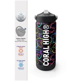 Resim Coral High Çok Renkli Kalp Desenli Katlanır Ağızlıklı Çelik Termos 650 Ml 38382 Siyah 