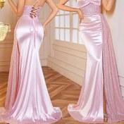 Resim Partiler ve Banketler için Şık Kadınlar İçin Saten Sırtı Açık İnce Askılı Büzgülü Göğüs Pullu Yüksek Yarıklı Vücuda Oturan Akşam Elbisesi, Zarif Kıyafet | Göz Alıcı Elbise | Toplanmış Detaylı, İnce Askılı Elbise 