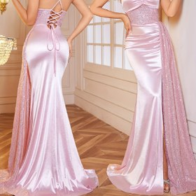 Resim Partiler ve Banketler için Şık Kadınlar İçin Saten Sırtı Açık İnce Askılı Büzgülü Göğüs Pullu Yüksek Yarıklı Vücuda Oturan Akşam Elbisesi, Zarif Kıyafet | Göz Alıcı Elbise | Toplanmış Detaylı, İnce Askılı Elbise 