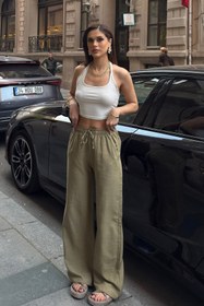 Resim BEJNA Kadın Haki Keten Dokulu Bol Kesim Palazzo Pantolon 