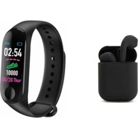 Resim Siyah Bluetooth Set, Akıllı Bileklik ve Kulaklık, Ios ve Android Uyumlu 
