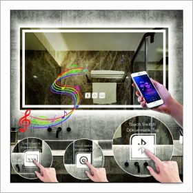 Resim Dnr-Mirror80x100 Cm Beyaz Ledli Tasarım Kumlamalı Dokunmatik Bluetoothlu Buğu Önleyicili Makyaj Banyo Aynası 