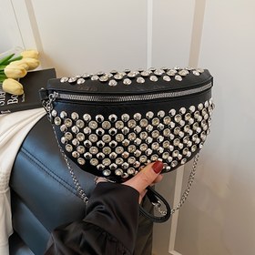 Resim Kadınların Parlayan Taşlı Fanny Paketi - Şık Zincirli Dekorlu Crossbody Çantası, Sokak Stili İçin Çok Yönlü Göğüs Çantası, Fermuar Kapanışı, Polyester Astar, Moda Aksesuarı|Zincirli Askılı Çanta|Fermuarlı Kapanış, Fanny Paketi 