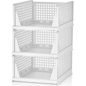 Resim 3 Adet Kayar Raf Elbise Dolap Içi Organizeri, Mutfak, Banyo, Çocuk Odası, Garaj ve Ardiye Için Üst Üste Dizilebilir Ünite, Kayar Raf Dolap Içi Kıyafet, Ev Aksesuarı Düzenleyici (Beyaz) 