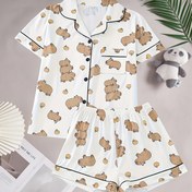 Resim Kadınların Sevimli Karikatür Kapibara Desenli İpek Pijama Takımı, Kısa Kollu Düğmeli Yaka Üst & Şort, Rahat Bol Kesim 