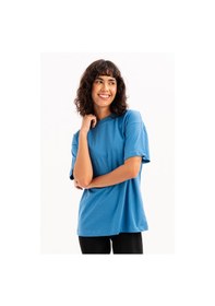Resim Justever 100% Pamuk Oversize Fit Bisiklet Yaka Mavi Kadın T-shirt - Halo Mavi 