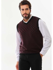 Resim Pelikan Erkek Çizgili V Yaka Süveter 9606 Bordo 