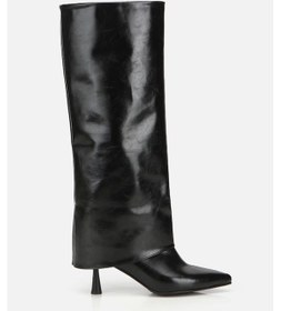 Resim Kadın Rugan Siyah Kırışık Görünümlü Topuklu Çizme Siyah 