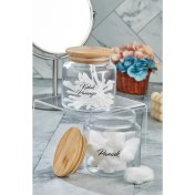 Resim Fbz Home Cam Dekoratif Bambu Kapaklı Kulak Pamuğu ve Pamuk Kavanozu 500 ml Şeffaf Etiketli 