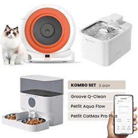 Resim Groove Q-Clean Otomatik Kedi Tuvaleti Turuncu - Petfit Aqua Flow Akıllı Su Pınarı - Petfit CatMax Pro Plus Otomatik Mama Kabı 