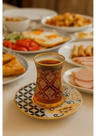 Resim 12 Parça Altın Yaldız Desenli İnce Belli Cam Çay Bardağı Ve Tabağı - Çay Takımı Çok Renkli 