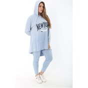Resim Kadın Büyük Beden Mavi Payet Detaylı Arkası Uzun Kapşonlu Sweatshirt 65n37463 - Mavi 