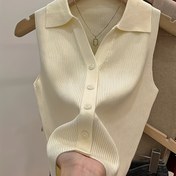 Resim Kadınlar için Şık V Yaka Kolsuz Yelek - Hafif %100 Polyester Üst, Düğmeli Ön Kapamalı, Orta Esneklikte Bahar Yaz Günlük Giyim İçin Casual Chic Bluz 