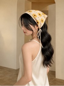 Resim synshop Örgü Üçgen Bandana Sarı Krem Saç Bandı Kadın Genç Kız Çocuk Yazlık Bohem Vintage Kore Tarzı Ayçiçek 