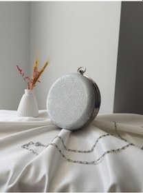 Resim Vivazzaluxe Modern Yuvarlak Model Simli Düğün Nişan Gelin Kadın Abiye Clutch Çanta Gümüş 