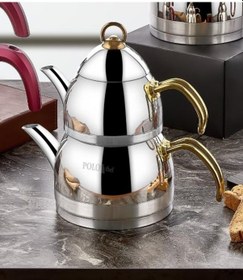 Resim Zümrüt Orta Boy Gold Saplı Çelik Çaydanlık 