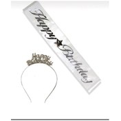 Resim Happy Birthday Taç Ve Kuşak Seti Doğum Günü Set Beyaz Kumaş Gri T 
