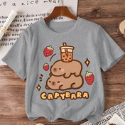 Resim 1pc Kapibara Baskılı Kız Yaz Moda Tişörtü, Casual Yuvarlak Yaka Kısa Kollu Triko Üst, Polyester Karışımı, Slim Fit - Pembe ve Gri Seçenekleri 