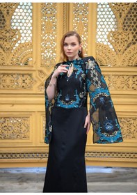 Resim Crystalia Lauren Dress Krep Ve Jakar Kumaş Özel Tasarım - Siyah & Mavi Siyah - Mavi 