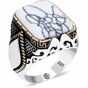 Resim Bague homme en argent avec pierre blanche à rayures et angle 