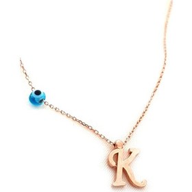 Resim K Harfi Nazar Boncuklu Gümüş Rose Kolye 