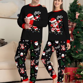 Resim ERKEK/KADIN Çiftler İçin Noel Uzun Kollu Pijama Takımı, Santa, Noel Ağacı ve Işıklar Baskılı, Yuvarlak Yaka Tasarımı, Unisex 