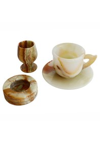 Resim Oniks Doğal Taş Fincan, Kadeh Ve Kül Tablası Seti El Yapımı Şık Masa Dekoru Hediyelik Oniks Taş Takım Açık Bej 