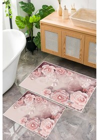 Resim Dijital Baskı Gül Desen Kaymaz Taban 2li Set Banyo Paspası Klozet Takımı 50x60cm-60x100cm Pembe 