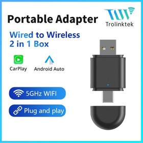 Resim Android Auto için Trolinktek Kablosuz CarPlay Adaptörü, 2'si 1 Arada USB Tak ve Çalıştır, 5.6GHz WiFi, Hızlı Bağlantı, OTA Güncellemeleri, 600+ Araba ile Uyumlu, Medya Oynatma, Surround Sound, El Kontrolü, 5V Çalışma Voltajı, Pil Gerektirmez, Android Auto Cihazları ile Uyumlu, CarPlay 