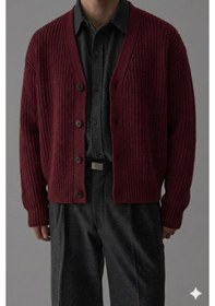 Resim Tarz Cool Bordo Erkek Slim Fit Pamuklu Yuvarlak Yaka Düğmeli Hırka Bej 