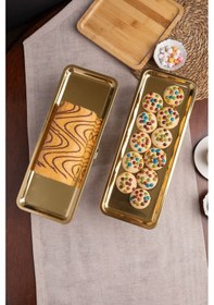 Resim 2'li Gold Dikdörtgen, Ayaklı Şık Kek, Pasta, Kurabiye Ve Tatlı Servis Sunum Standı Gold 