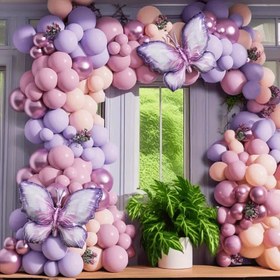 Resim 175 Parça Mor Kelebek Temalı Balon Seti - Düğün ve Doğum Günü Süslemeleri için Uygun Mor Pembe Balonlar 