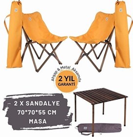 Resim Bag The Joy Antrasit İskelet Hardal Kılıf Sandalye ve 70x70x55 CM Kahverengi Ahşap Katlanır Masa Seti 