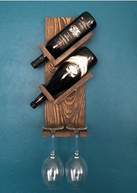 Resim Ahşap Şaraplık, 2 Şişe 2 Kadeh Bölmeli Şaraplık, Ceviz 