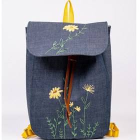 Resim Fabric Craft Bag Sırt Çantası Kot Kumaş Çiçek Nakışlı Büzgülü Kot 