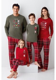 Resim Arnetta Garson Kız Çocuk Aile %100 Pamuklu 4 Mesim New Year Uzun Kollu Pijama Takım Kırmızı 