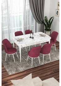 Resim Canisa Concept Kor Serisi 70x114 Açılabilir Mutfak Masası Takımı Beyaz Mermer Desen Masa 6 Bordo Sandalye Masa Beyaz Mermer Desen Sandalyeler Bordo 
