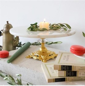 Resim Akayev Mermer Beyaz 25 Cm Altın Barok Ayak Sunum Tabağı 