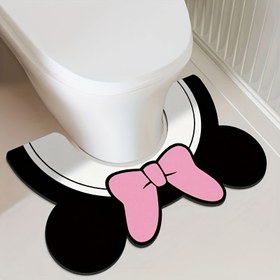 Resim DISNEY Mickey & Minnie Mouse U Şekilli Tuvalet Paspası - Kaymaz Kauçuk Tabanlı, Yumuşak Polyester Banyo Örtüsü, Pembe Kurdele Desenli, Hızlı Kuruyan ve El ile Yıkanabilir Klozet Kapağı, Tuvalet Dekoru ve Aksesuarları, Eğlenceli Tasarım 