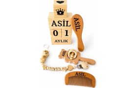 Resim Shopfocus Kişiye Özel Isimli-Emzik Askısı Emzik Zinciri-Bebek Çıngırak-Bebek Saç Fırçası Keçi Kılı-Bebek Tarağı-Bebek Anı Küpü Tekstil BOYALI-%100 Doğal Organik Ahşap Set Hediyelik-Yeni Doğan-Anne 